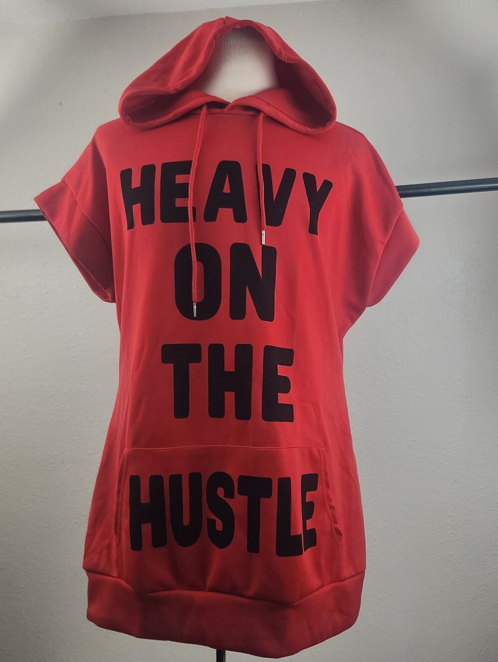 Red Hooded Tee Dress with 'HEAVY ON THE HUSTLE' Graphic